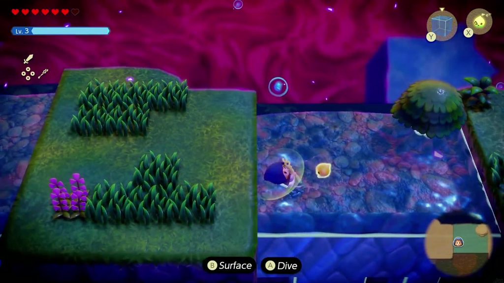 The Jabul Waters Rift - The Legend of Zelda: Echoes of Wisdom Walkthrough 72 Zelda swims out of the top of the water wall toward a grassy island.