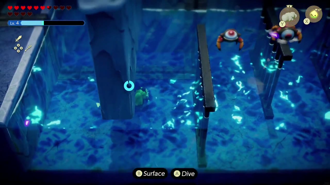Lanayru Temple Dungeon - The Legend of Zelda: Echoes of Wisdom Walkthrough 59 The thawed room is now deep water patrolled by Tektites; Zelda swims through.