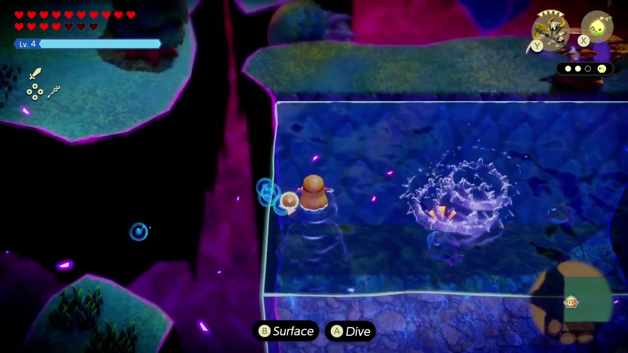 Zelda swims through a Water Block bridging two islands in Stilled Southern Hyrule Field. Zelda swims through a Water Block bridging two islands in Stilled Southern Hyrule Field.