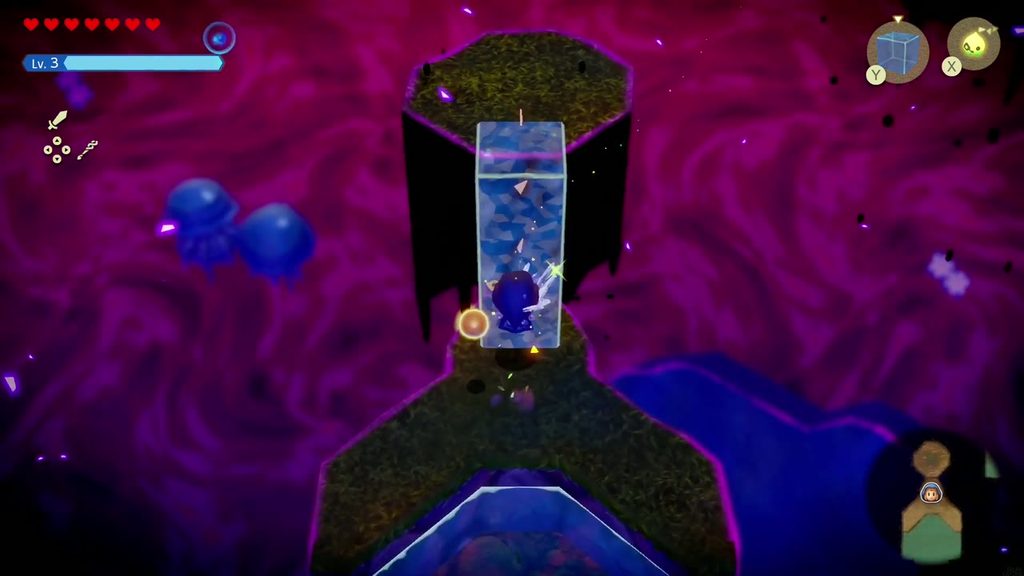 The Jabul Waters Rift - The Legend of Zelda: Echoes of Wisdom Walkthrough 74 Zelda swims up a column of Water Blocks between two floating octagonal pillars.