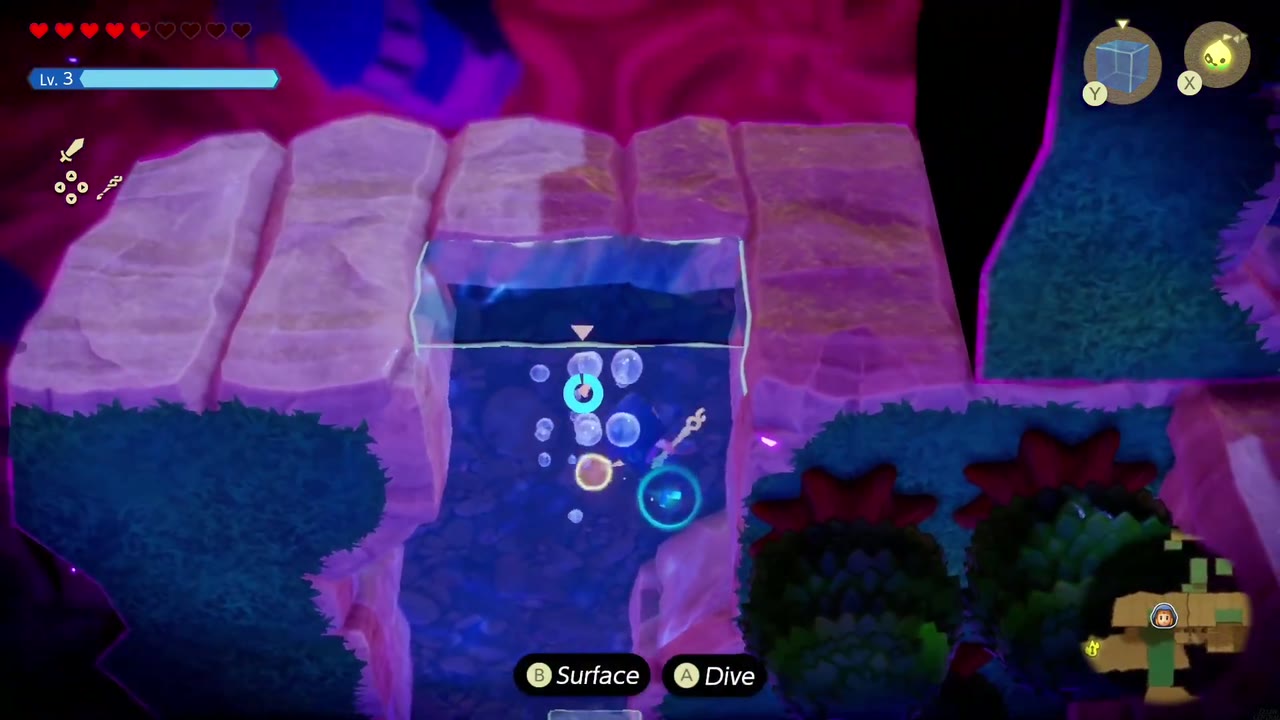 Hyrule Castle: Still Missing - The Legend of Zelda: Echoes of Wisdom Walkthrough 29 Zelda swims up through Water Blocks stacked between the floating ponds and ledges east of the waypoint.