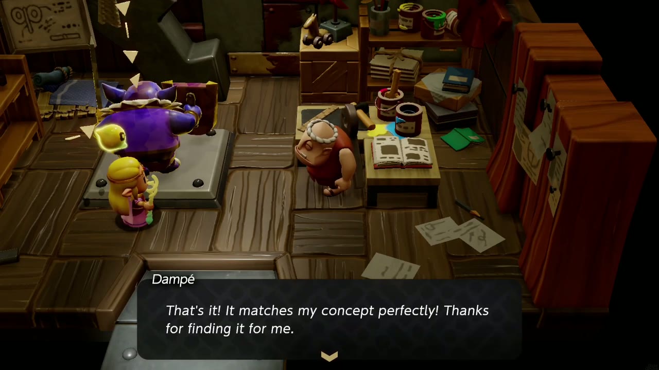 Zelda shows Dampé a Sword Moblin echo in his workshop for Chop 'em in Two! Zelda shows Dampé a Sword Moblin echo in his workshop for Chop 'em in Two!