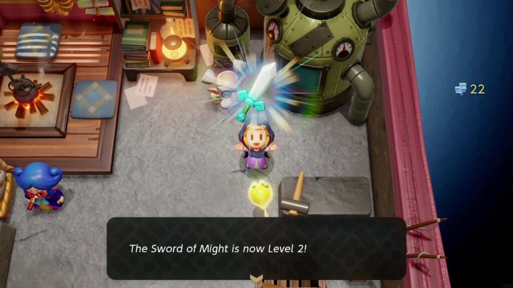 Zelda raises the Sword of Might beside Lueburry's machine: "The Sword of Might is now Level 2!"