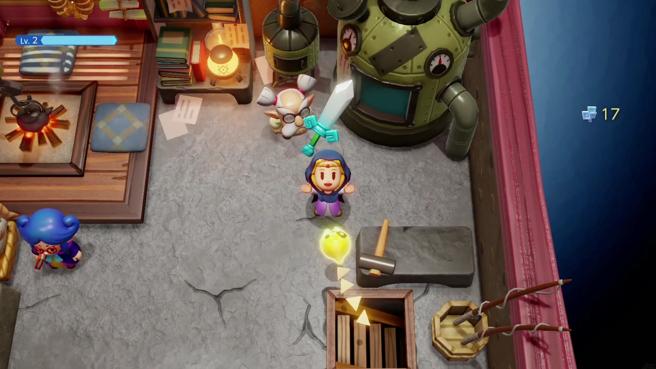 Zelda raises the upgraded Sword of Might beside Lueburry's machine in his house Zelda raises the upgraded Sword of Might beside Lueburry's machine in his house