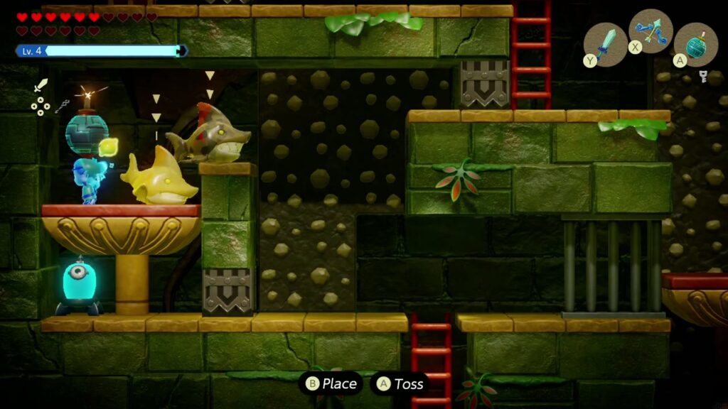 Faron Temple Dungeon - The Legend of Zelda: Echoes of Wisdom Walkthrough 19 In Swordfighter Form, Zelda holds a Bomb over the goblet pedestal above the blue eye switch.