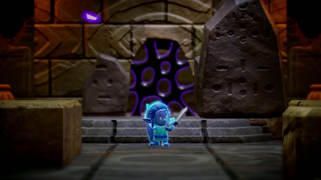 Zelda transforms into glowing blue Swordfighter Form in front of a goo-sealed doorway