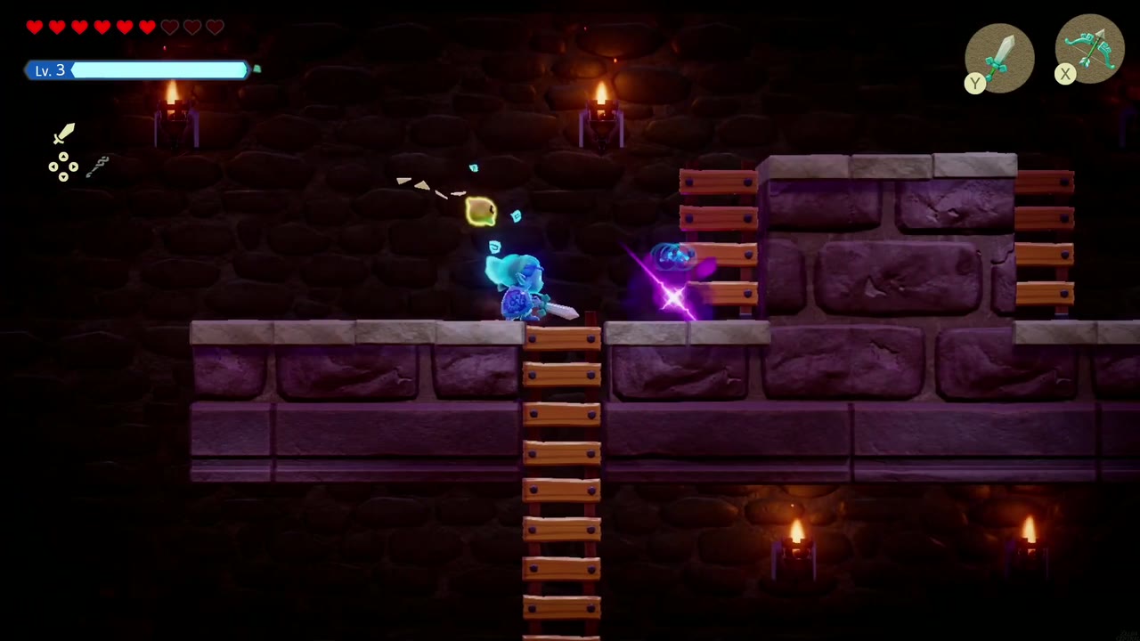 Hyrule Castle: Still Missing - The Legend of Zelda: Echoes of Wisdom Walkthrough 62 Zelda in Swordfighter Form strikes a ghost enemy on a ledge in the side-view ladder area of Hyrule Castle B2.