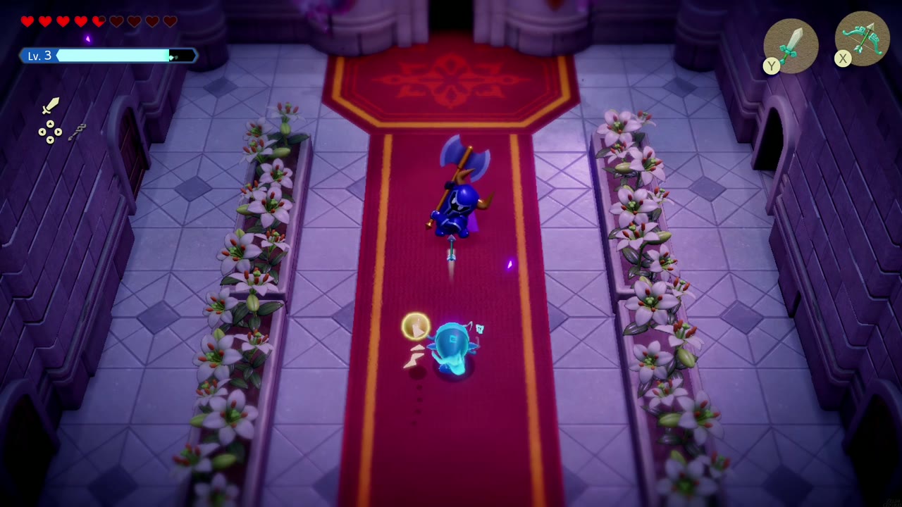Hyrule Castle: Still Missing - The Legend of Zelda: Echoes of Wisdom Walkthrough 36 In Swordfighter Form, Zelda squares up to the axe-wielding Darknut Lv. 2 in the flower-lined hall.