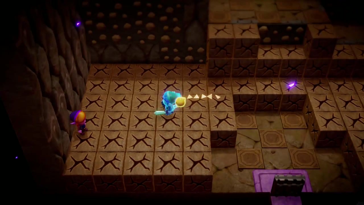 Eldin Temple Dungeon - The Legend of Zelda: Echoes of Wisdom Walkthrough 27 Zelda in Swordfighter Form chases shadow Link across the cracked floor tiles of Eldin Temple.