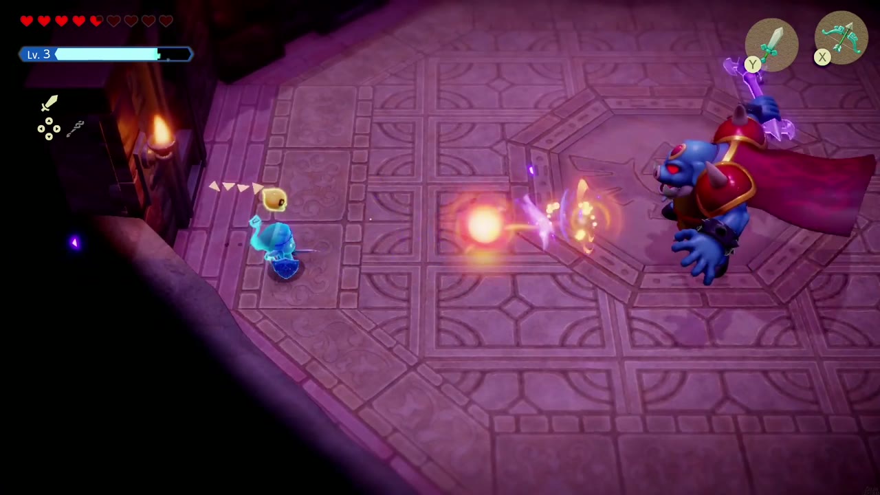 Hyrule Castle: Still Missing - The Legend of Zelda: Echoes of Wisdom Walkthrough 119 In Swordfighter Form, Zelda bats Ganon's glowing energy ball back toward him across the boss arena.
