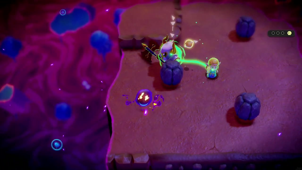 Zelda in Swordfighter Form slashes at an enemy on a stone island in the rift. Zelda in Swordfighter Form slashes at an enemy on a stone island in the rift.