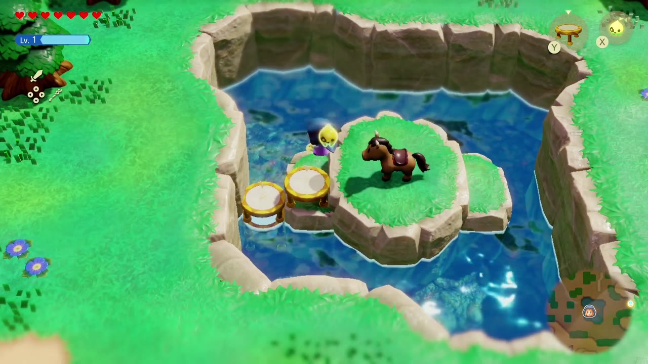 Runaway Horse - The Legend of Zelda: Echoes of Wisdom Walkthrough 14 Two small round table echoes sit in the water beside the island where the horse waits.