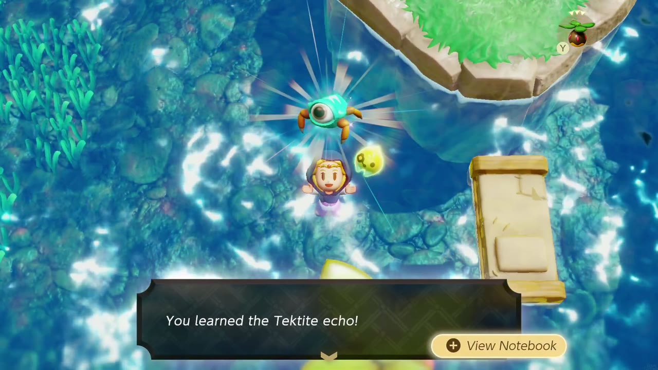 Zelda aprende o eco de Tektite enquanto nada no Lago Hylia ao lado de um eco de Cama Velha flutuante. Zelda aprende o eco de Tektite enquanto nada no Lago Hylia ao lado de um eco de Cama Velha flutuante.