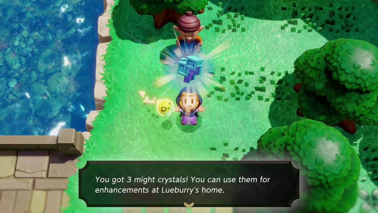 By a river, the acorn fan stands behind Zelda as she holds three might crystals overhead; 'You got 3 might crystals!' box
