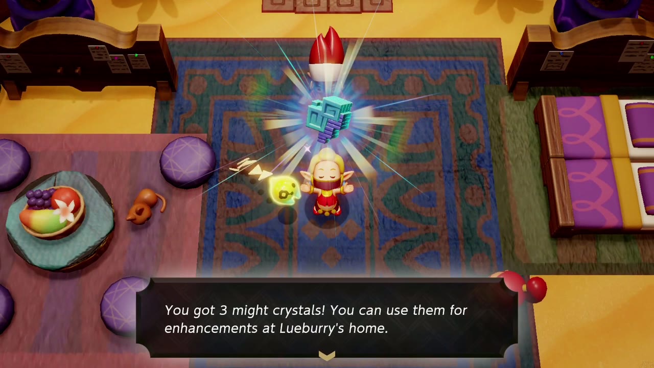 Zelda holds three might crystals overhead on the rug inside the Tough Mango Plant Lab at the Gerudo Desert oasis