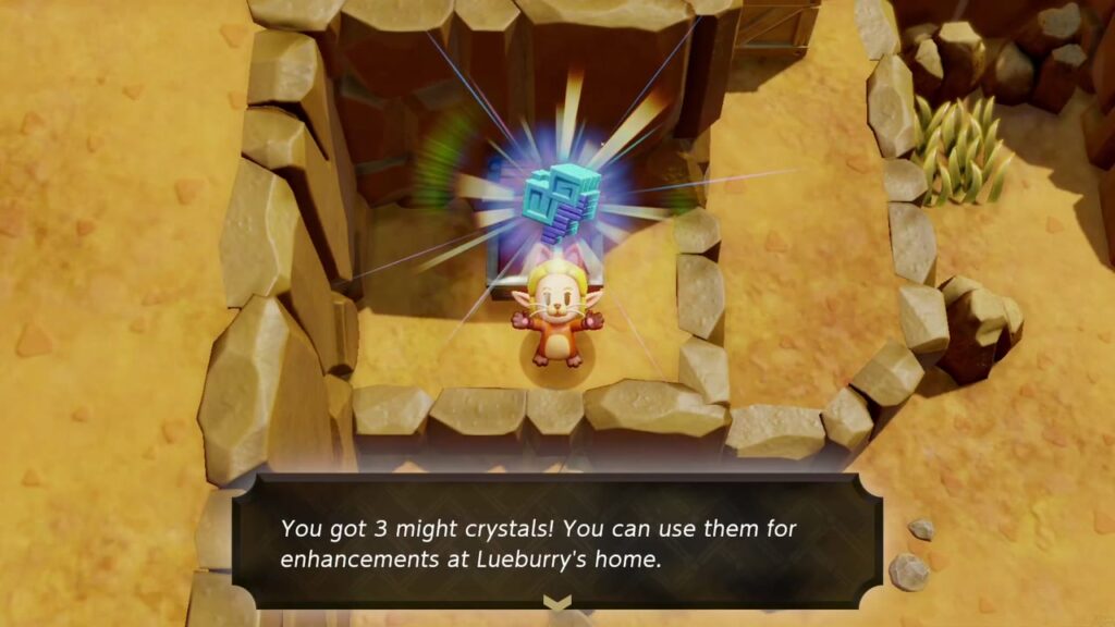 The Rift on Eldin Volcano - The Legend of Zelda: Echoes of Wisdom Walkthrough 18 Zelda holds up 3 Might Crystals from the chest in a small walled pit on the upper trail.