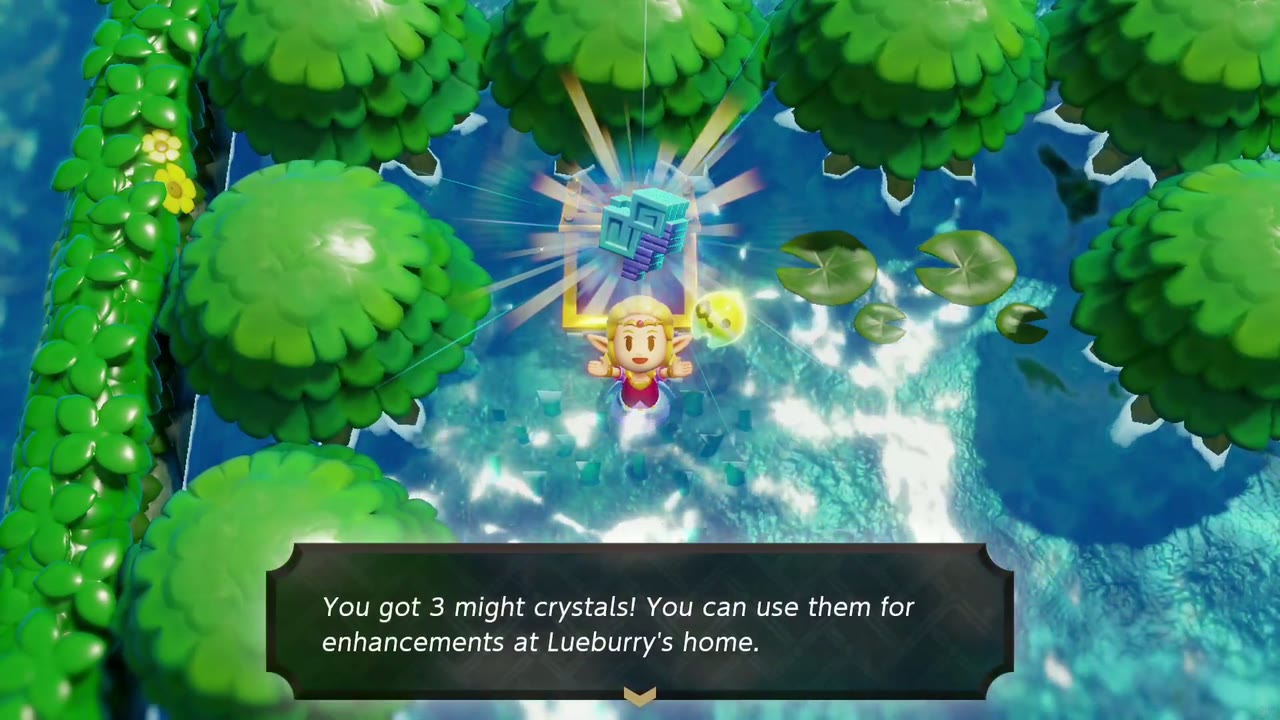 Zelda stands in shallow water at an open chest, holding three might crystals overhead among lily pads on the Zora River