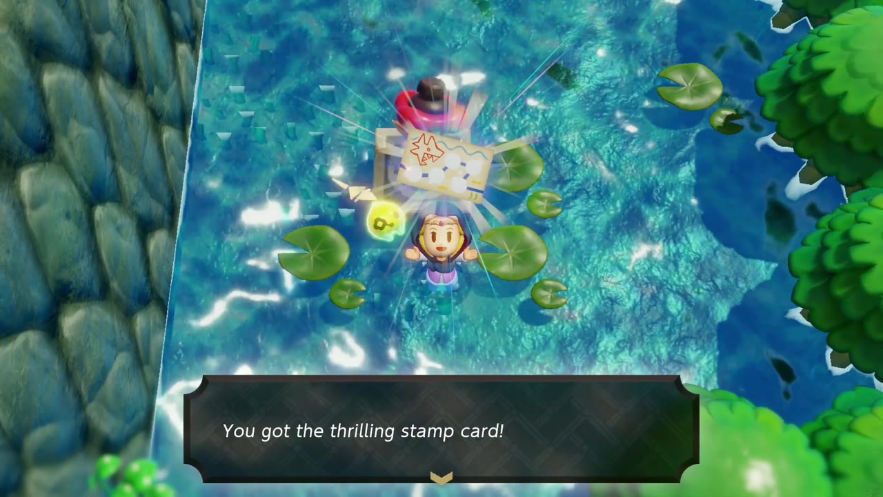 The Jabul Waters Rift - The Legend of Zelda: Echoes of Wisdom Walkthrough 111 Zelda holds up the Thrilling Stamp Card, the reward for filling a card at the Zora River stand.