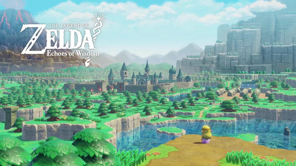 The Echoes of Wisdom title logo appears over a Hyrule vista as Zelda looks out toward Hyrule Castle