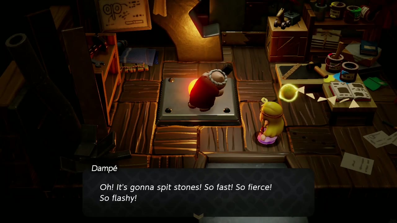 Explosions Galore! - The Legend of Zelda: Echoes of Wisdom Walkthrough 14 Dampé glows on his work plate: it's gonna spit stones, so fast, so fierce, so flashy.