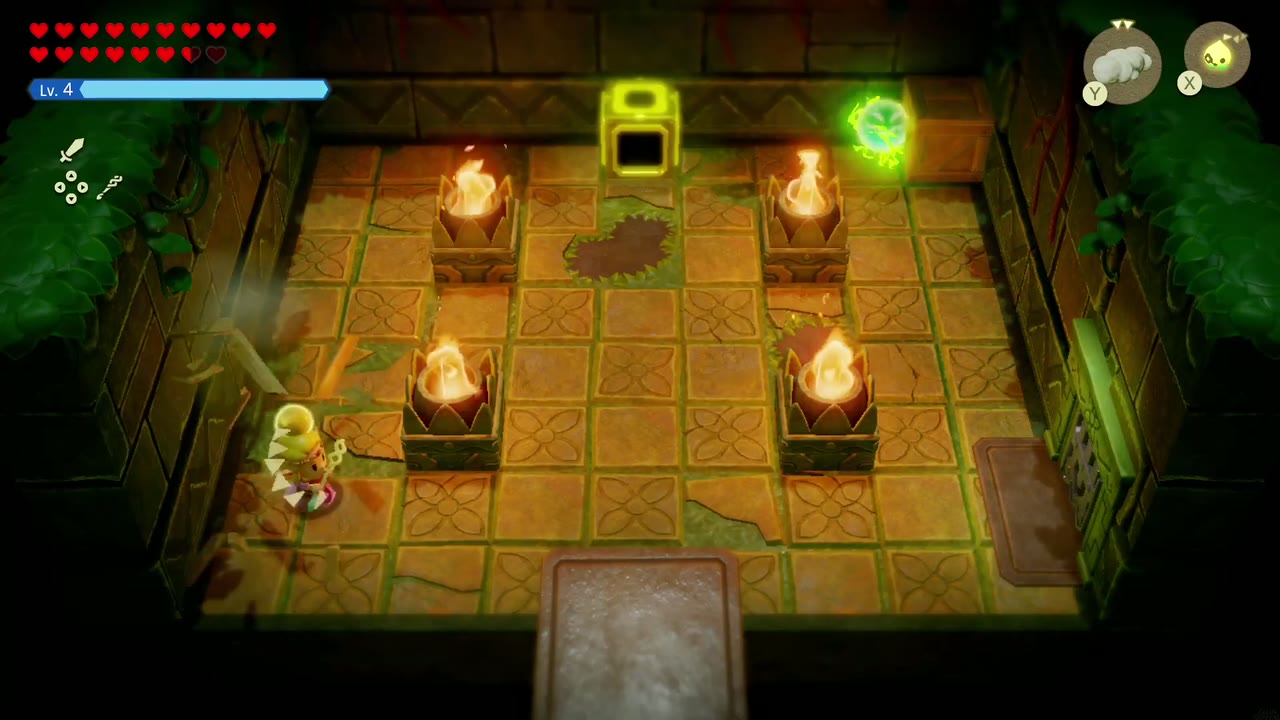 Zelda walks between the four torch pedestals toward the yellow block on the far wall of the first room. Zelda walks between the four torch pedestals toward the yellow block on the far wall of the first room.
