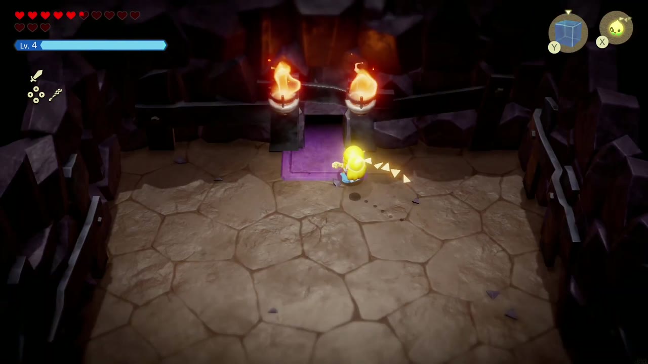 A Mountainous Mystery - The Legend of Zelda: Echoes of Wisdom Walkthrough 26 Zelda heads for the purple doorway between two lit torches.