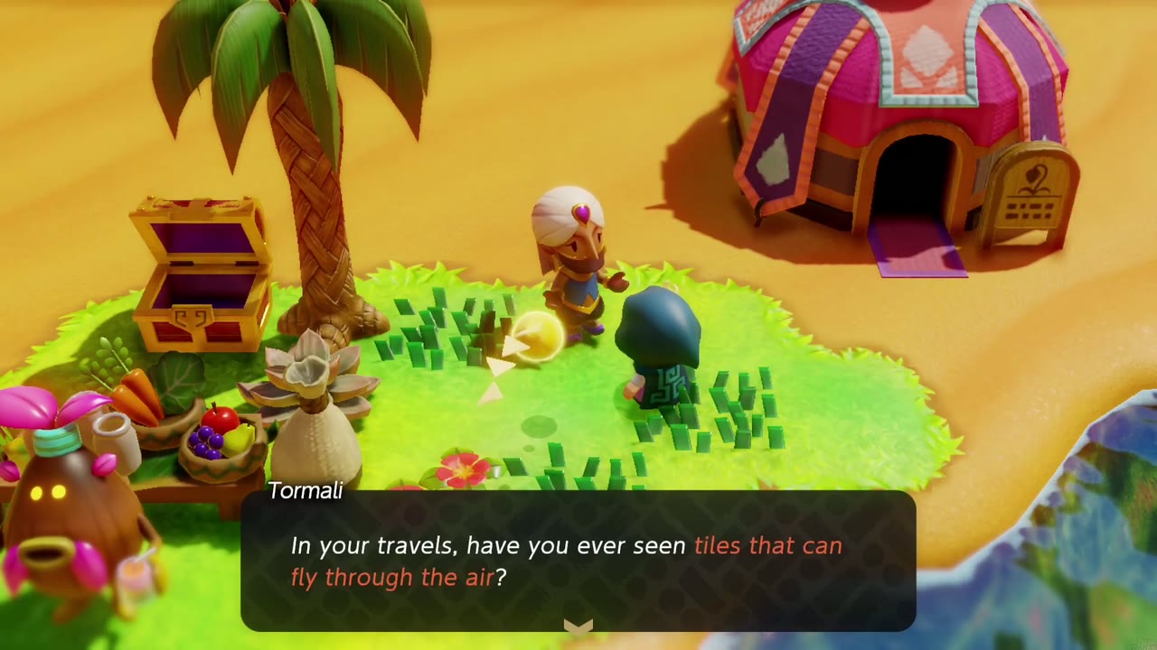 Tormali at the Oasis asks Zelda whether she has seen tiles that can fly, starting The Flying Tile. Tormali at the Oasis asks Zelda whether she has seen tiles that can fly, starting The Flying Tile.