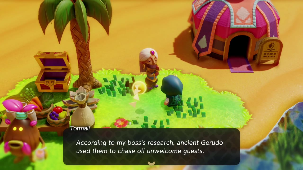 Tormali at the Oasis says that ancient Gerudo used flying tiles to chase off unwelcome guests. Tormali at the Oasis says that ancient Gerudo used flying tiles to chase off unwelcome guests.
