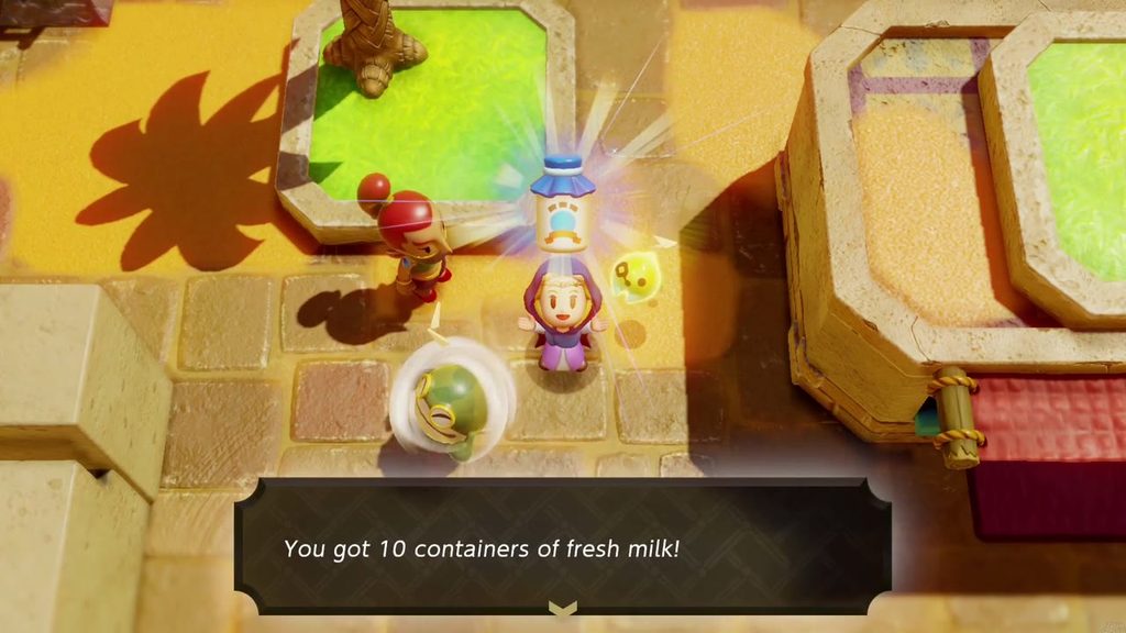 A Rift in the Gerudo Desert - The Legend of Zelda: Echoes of Wisdom Walkthrough 21 Zelda holds up 10 containers of fresh milk, the reward for solving the Tornado Ghost? request in Gerudo Town.
