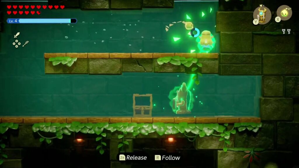 Faron Temple Dungeon - The Legend of Zelda: Echoes of Wisdom Walkthrough 33 Zelda tows a bound statue up toward the ladder ledge at the top left of the flooded room.