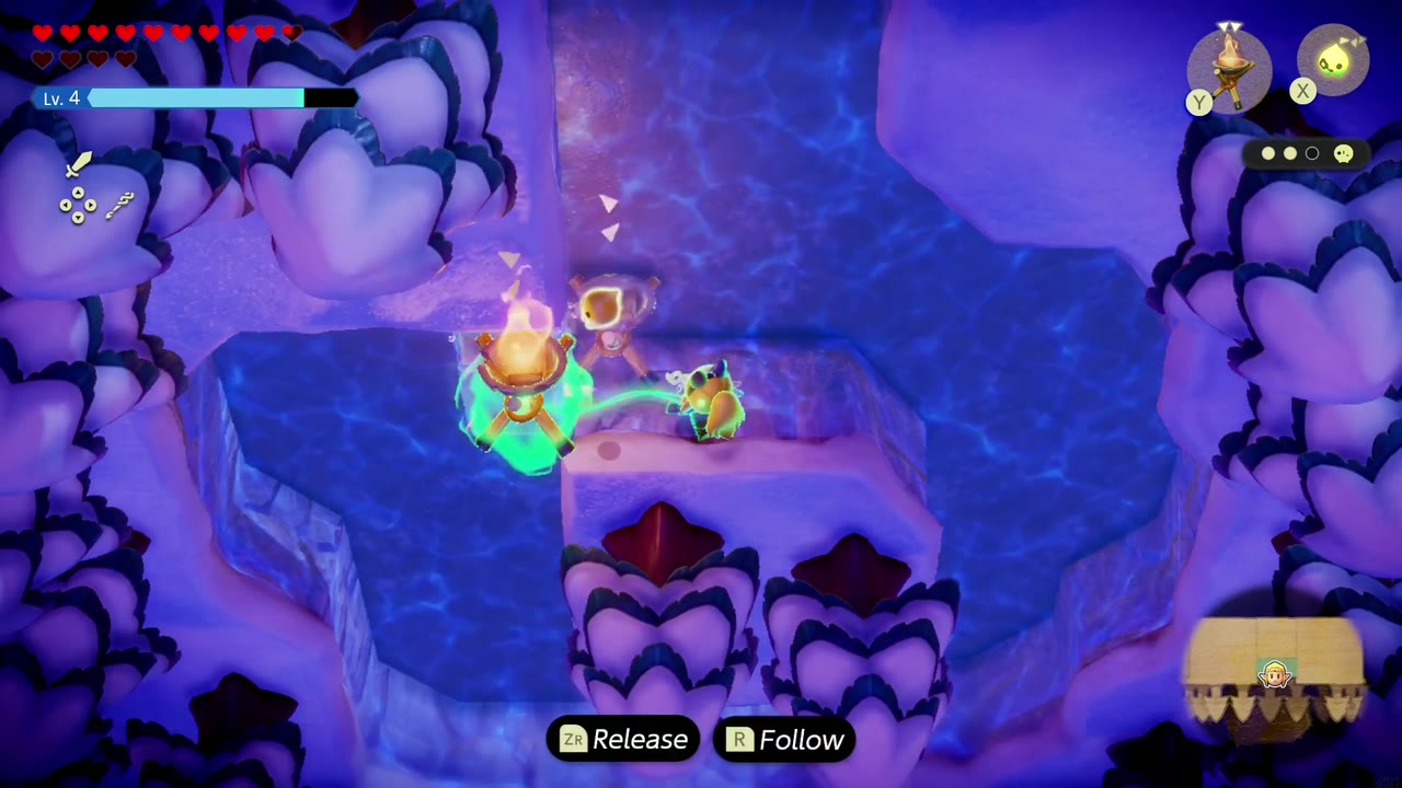 Zelda zieht ein gebundenes Brazier Echo den Wasserkanal entlang in Richtung Eis. Zelda zieht ein gebundenes Brazier Echo den Wasserkanal entlang in Richtung Eis.