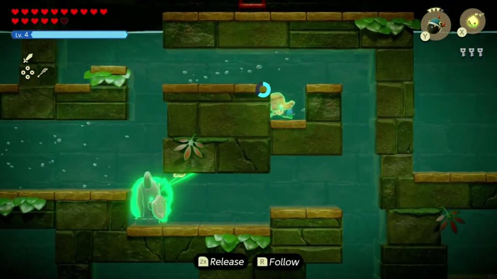 Faron Temple Dungeon - The Legend of Zelda: Echoes of Wisdom Walkthrough 58 Zelda tows another stone statue with Bind between the mossy ledges of the flooded room.