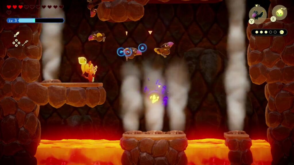 The Rift on Eldin Volcano - The Legend of Zelda: Echoes of Wisdom Walkthrough 26 Crow echoes attack Fire Keese in the side-view lava cave inside the trail rift, with three of five friends found.
