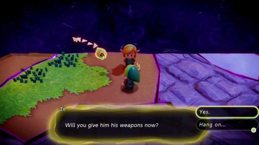 Null's Body: Final Dungeon - The Legend of Zelda: Echoes of Wisdom Walkthrough 1 Tri asks "Will you give him his weapons now?" beside Link in the Stilled Ancient Ruins arena before entering Null's Body.