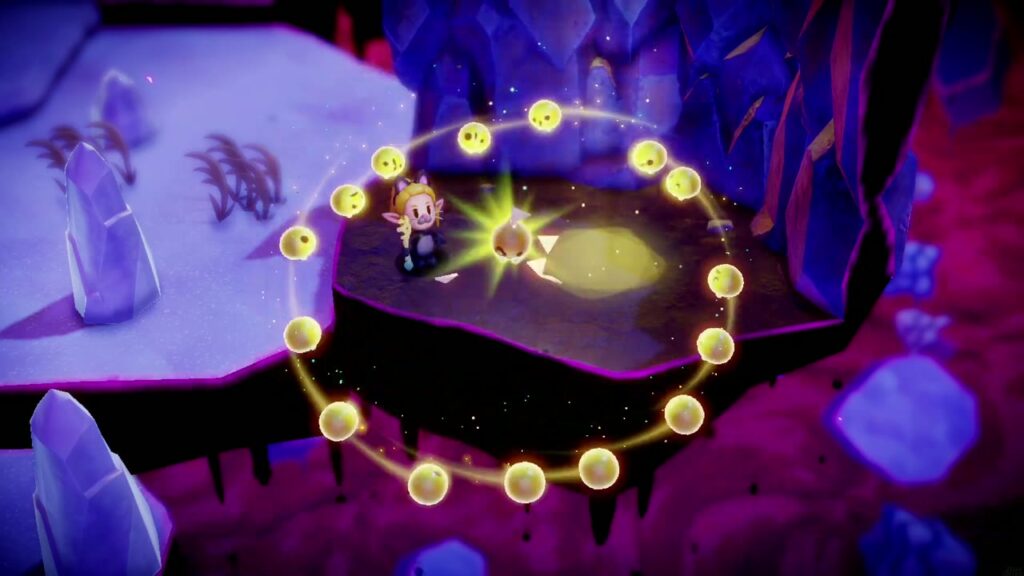 Hebra Mountain: A Rift on Holy Mount Lanayru - The Legend of Zelda: Echoes of Wisdom Walkthrough 43 A ring of golden light surrounds Zelda as Tri binds the rift in the Stilled Hebra Mountain Cave.