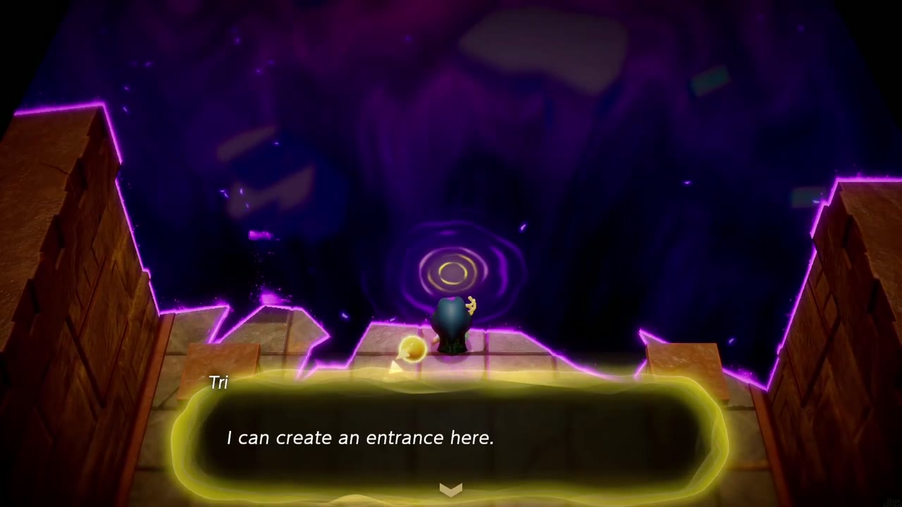 Gerudo Sanctum Dungeon - The Legend of Zelda: Echoes of Wisdom Walkthrough 2 Tri says she can create an entrance at the purple rift void beyond the Gerudo Sanctum's broken back wall.
