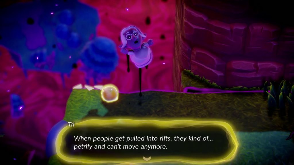 The Mysterious Rifts in Suthorn Forest - The Legend of Zelda: Echoes of Wisdom Walkthrough 23 Tri explains that people pulled into rifts petrify, beside a stone villager in the Stilled Suthorn Forest