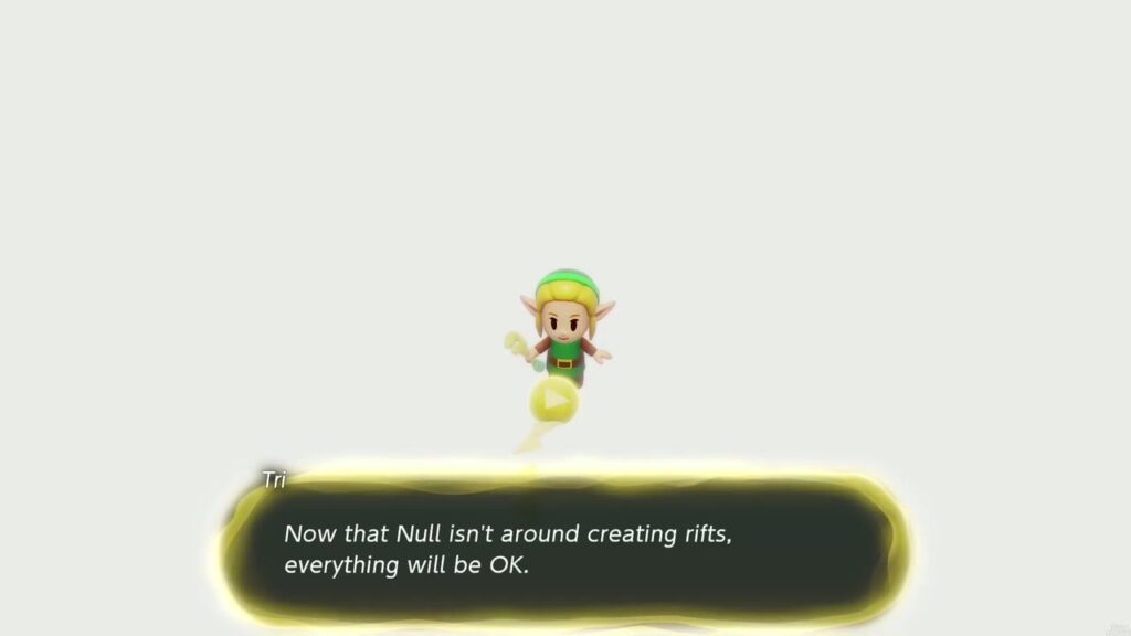 Null's Body: Final Dungeon - The Legend of Zelda: Echoes of Wisdom Walkthrough 60 Tri tells Zelda the rifts are gone and everything will be OK, in the white space before the farewell.