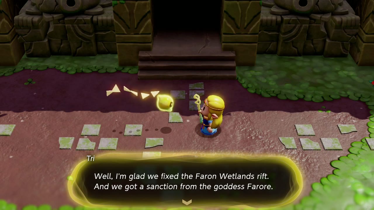 The Eternal Forest - The Legend of Zelda: Echoes of Wisdom Walkthrough 1 Outside Faron Temple, Tri notes the Faron rift is fixed and Farore's sanction earned, the last of the three.