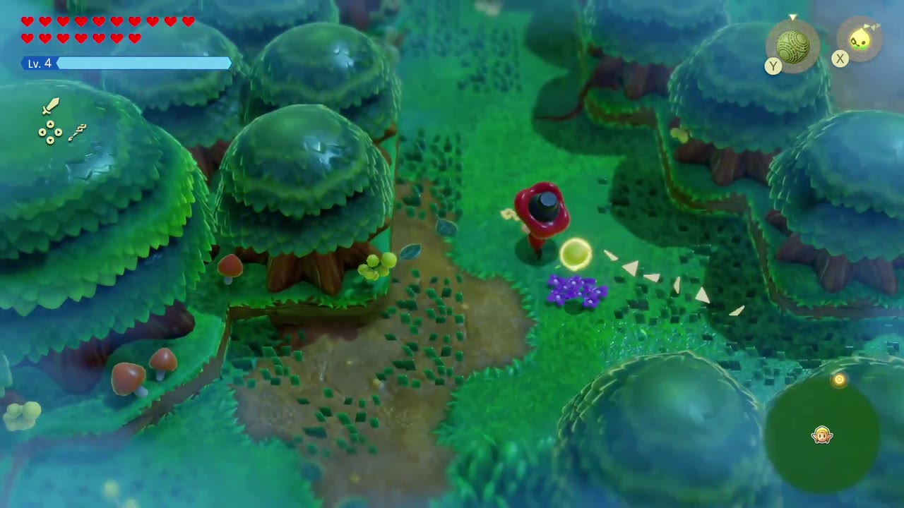 The Eternal Forest - The Legend of Zelda: Echoes of Wisdom Walkthrough 30 Following Tri's trail between the round trees of the foggy Eternal Forest toward the second pedestal.