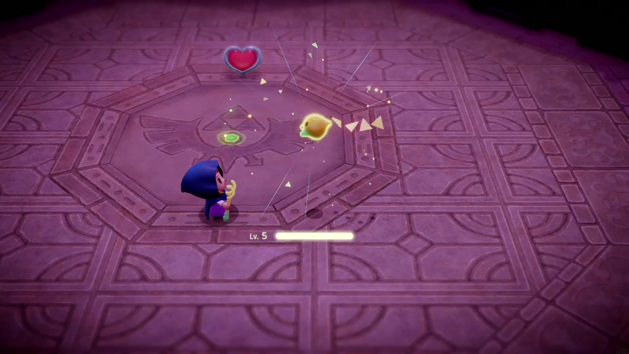 Tri brilha ao lado de Zelda em Stilled. Hyrule Arena do chefe do castelo, com a barra de nível preenchida até o nível 5. Tri brilha ao lado de Zelda em Stilled. Hyrule Arena do chefe do castelo, com a barra de nível preenchida até o nível 5.