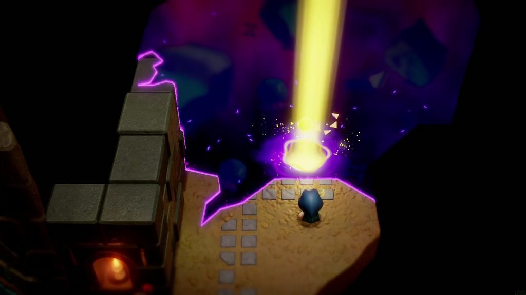 Hyrule Castle: Still Missing - The Legend of Zelda: Echoes of Wisdom Walkthrough 12 Tri opens a rift entrance beside the wall at the Bottom of the Well, a beam of light marking it.