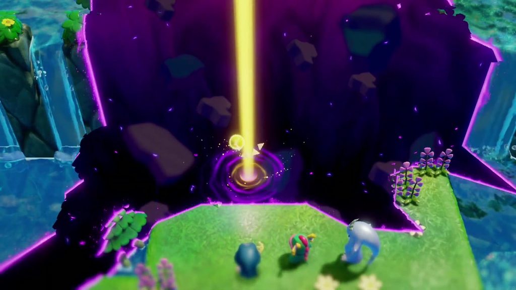 The Jabul Waters Rift - The Legend of Zelda: Echoes of Wisdom Walkthrough 32 Tri sends a beam of light into the Zora River rift to open the way in while Kushara and the child watch.