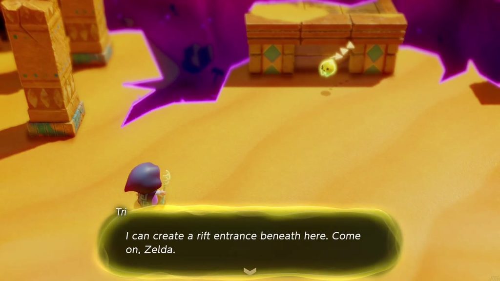 A Rift in the Gerudo Desert - The Legend of Zelda: Echoes of Wisdom Walkthrough 13 At the great rift's ruins, Tri says she can open a rift entrance beneath the sand there.