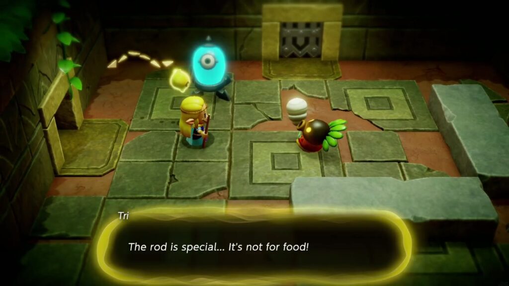 A Rift in the Faron Wetlands - The Legend of Zelda: Echoes of Wisdom Walkthrough 45 Tri protests to the Deku guard that the Tri Rod is special and not for food.