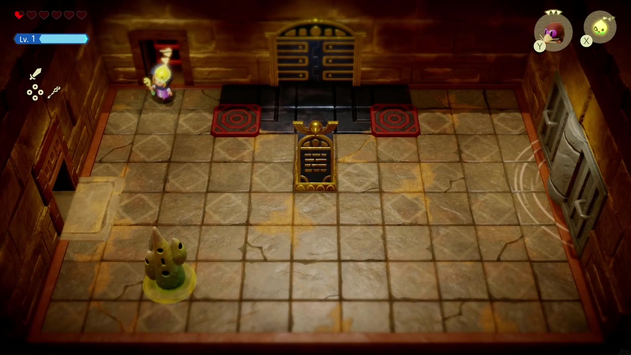 Gerudo Sanctum Dungeon - The Legend of Zelda: Echoes of Wisdom Walkthrough 47 Zelda enters the tribute room: tablet in the middle, sealed door behind it flanked by two red tiles.