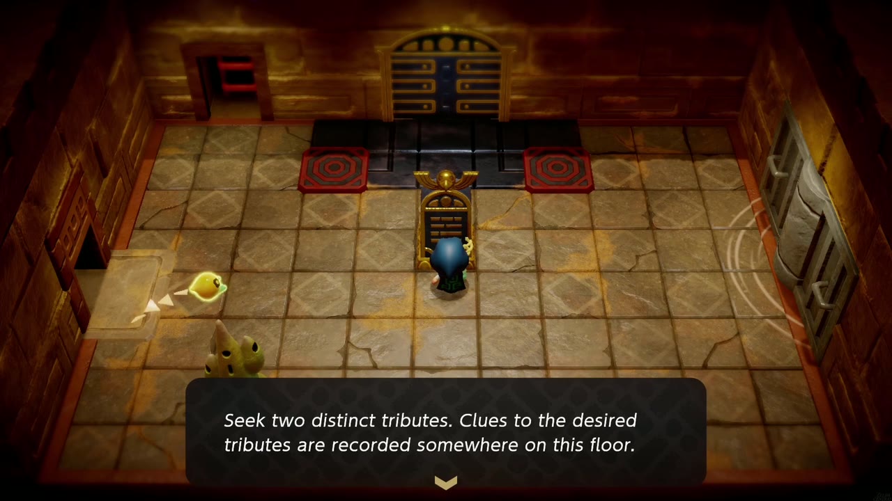 Gerudo Sanctum Dungeon - The Legend of Zelda: Echoes of Wisdom Walkthrough 48 The tablet reads "Seek two distinct tributes. Clues to the desired tributes are recorded somewhere on this floor."