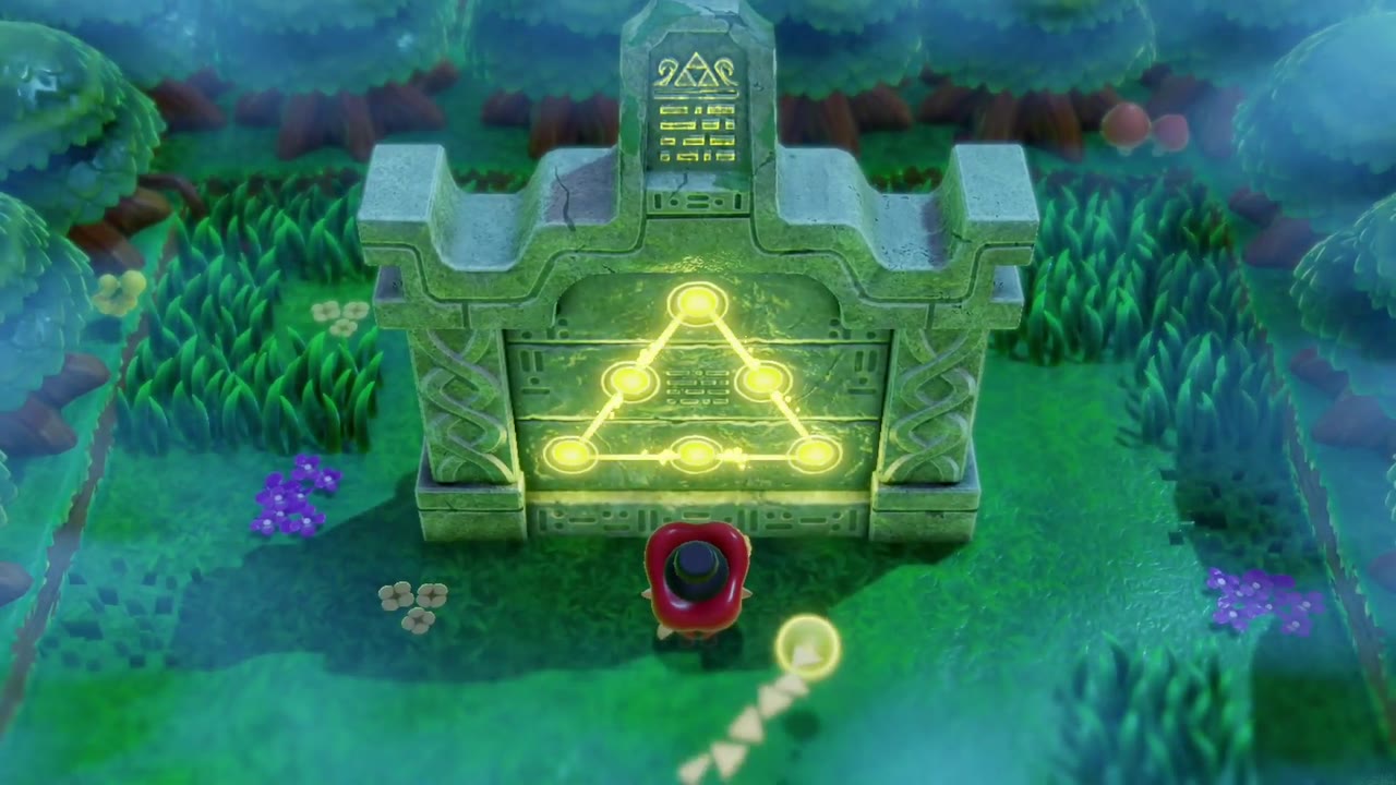 The Eternal Forest - The Legend of Zelda: Echoes of Wisdom Walkthrough 42 Golden lines join the six lit circles into a Triforce on the monument as Zelda stands before it.