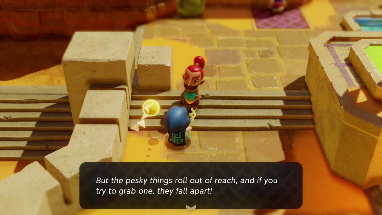 Elusive Tumbleweeds - The Legend of Zelda: Echoes of Wisdom Walkthrough 2 The Gerudo on the stairs explains that tumbleweeds roll out of reach and fall apart if grabbed.