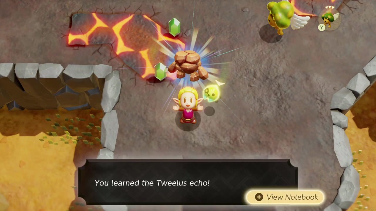 Zelda aprende o eco de Tweelus em um caminho de rocha rachada pela lava no vulcão Eldin, acima. Goron Cidade Zelda aprende o eco de Tweelus em um caminho de rocha rachada pela lava no vulcão Eldin, acima. Goron Cidade